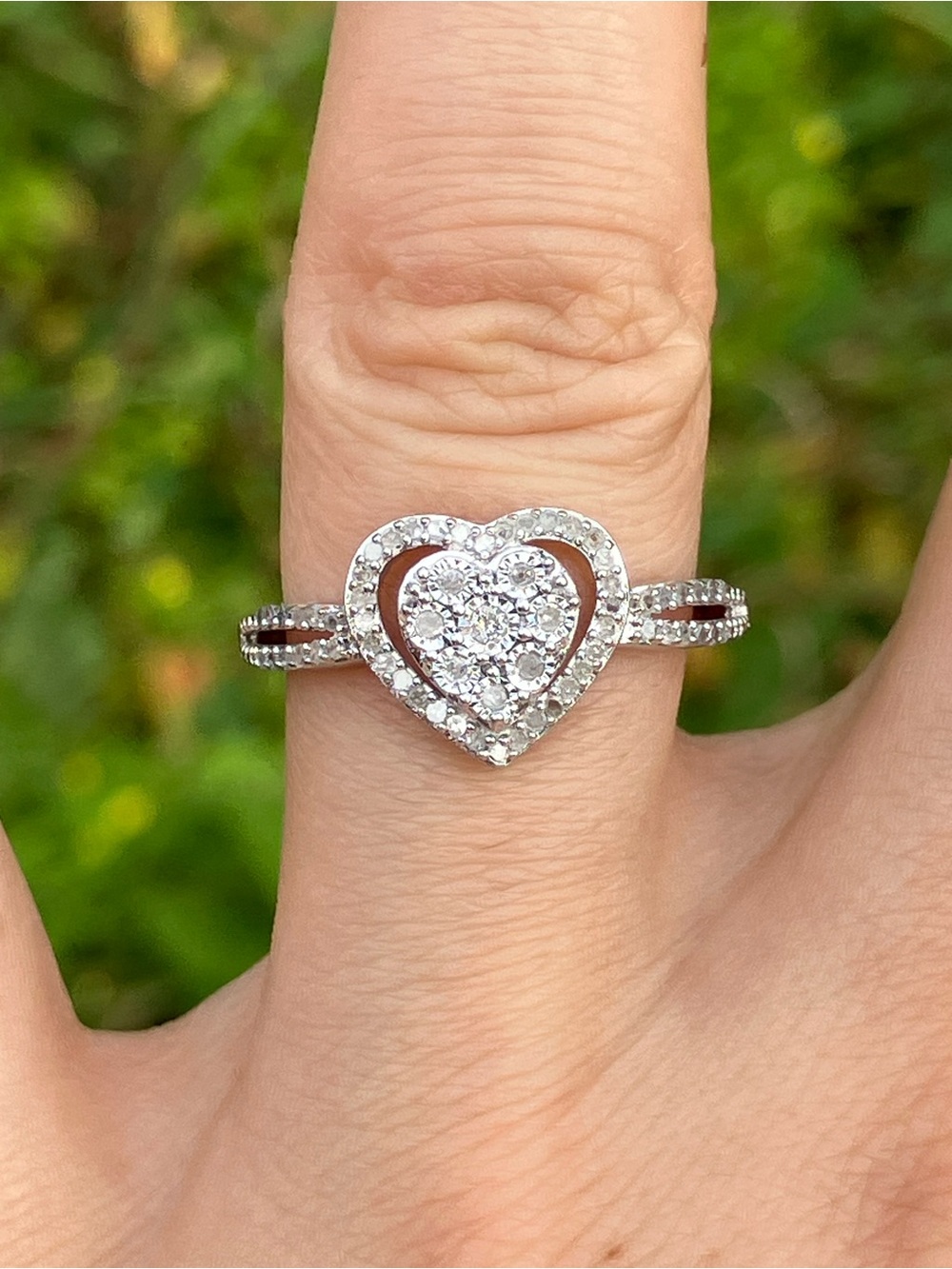 Natural White Diamond Sterling Silver Heart Ring Size 7